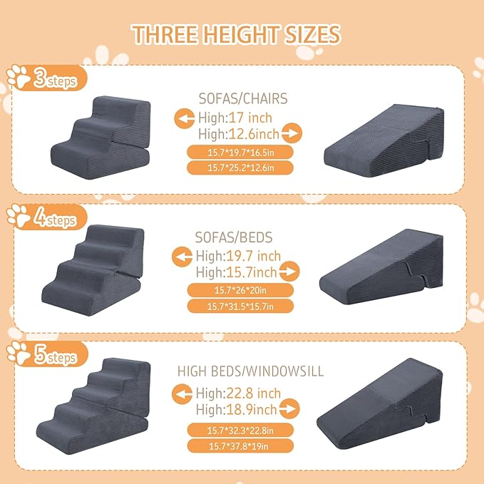Dog Ramp for Bed, Extra Wide 20" Width Dog Stairs for High Bed, 2 in 1 Pet Steps for Small Dogs, 4-Step Foldable Transformable Large Cats Ramp to Get on Couch, Non-Slip Balanced, Grey