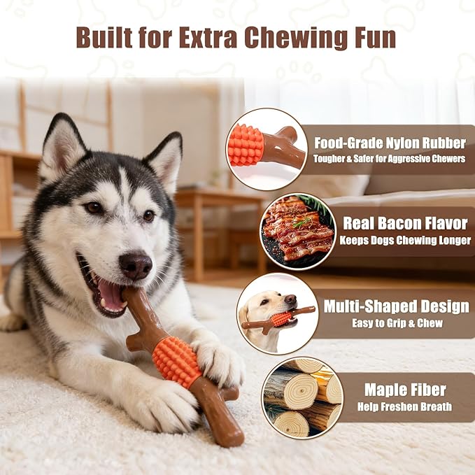 SCHITEC Dog Chew Toy for Aggressive Chewers, Tough Big Nylon & Rubber Teething Stick with Real Maple Wood Flavor for Large Medium Breed