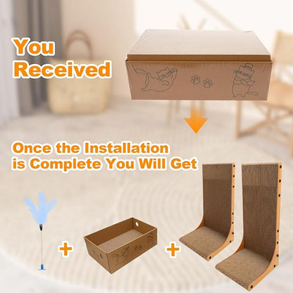 Cat Scratching Post, 3-in1 Scratching Board for Indoor Cats, 2PK 22in L-Shaped Cat Scratcher with 1PK Cardboard Box Scratch Pad, Cats Scratch Furniture Protector with Feathered Toy