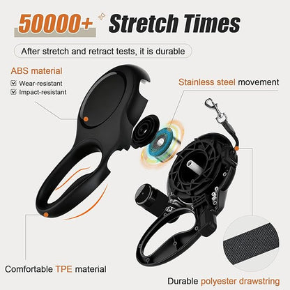 BIGNADO 26ft/8m Retractable Dog Leash with Poop Bag Holder for Medium Large Dogs Up to 110lbs/50kg, Heavy Duty Dog Walking Leash with Anti-Slip Grip, No-Tangle Leashes, One-Handed Lock - Black