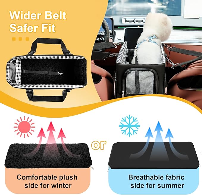 Console Dog Car Seat for Small Dogs Cats Up to 12lbs, Anti-Collapse Pet Armrest Booster Seat with Soft Pillow,Non-Slip Seat Rails Hooks & Safety Belt, Portable Car Accessories for Pets Travel