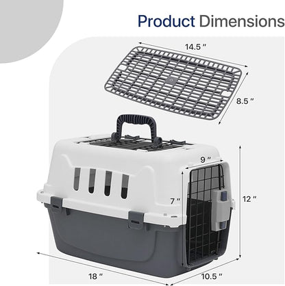 18 Inch Hard-Sided Plastic Dog Carrier 2 Door Travel Crate for Small Dogs Cats up to 10 lbs, Durable Handle, Security Lock Design, Gray