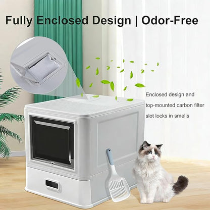 Marchul Enclosed Stainless Steel Cat Litter Box with Lid & Drawer Design for Indoor All Lifestyles Cats, Metal Covered Cat Litter Box, Baffles for Anti-Leakag, with Litter Scoop & Litter Mat