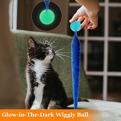 SHENGSEN Bouncy Ball with Tail Cat Toys-5 Packs,Large Magic Worm with Fluorescent Ball Toy for Cats,Colorful Fuzzy Worm Bouncy Glow Balls Cat Toy