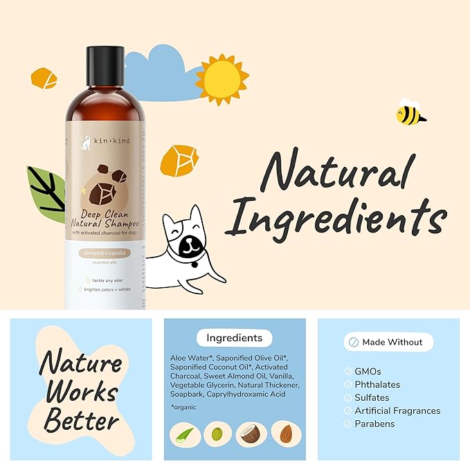 kin+kind Deep Clean Natural Dog Shampoo - Deep Clean & Odor Control - Almond + Vanilla Fragrance - 12 fl oz