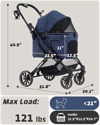 797Audio Dog Stroller for Small Medium Dogs, Pet Stroller for Cats Puppy Up to 121lbs,Foldable,One Click Folding,4 Wheel Shock Absorption,Adjustable Canopy with Sun Shades,Removable Washable Pad(Blue)