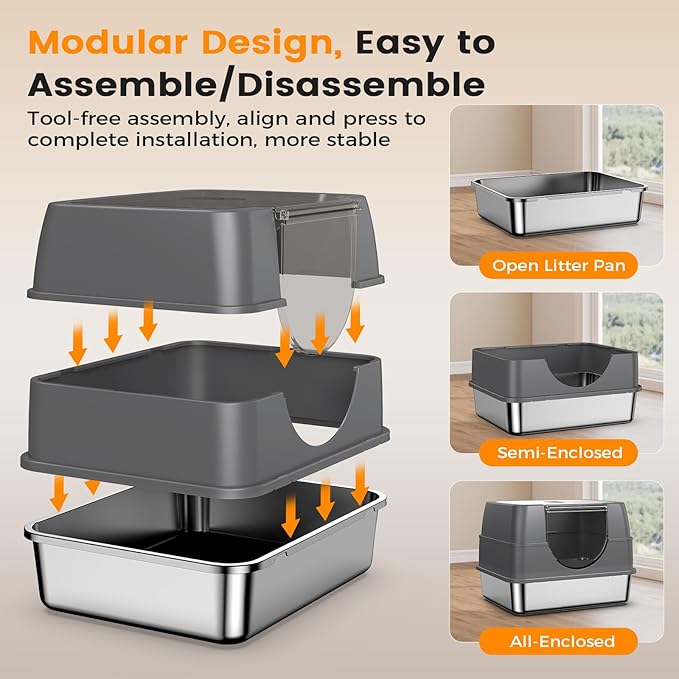 Stainless Steel Litter Box with Lid, Side Entry Large Enclosed Cat Litterbox for Kitty & Multi-Cat, Flip Cover Easy to Clean, High Sided Metal Cat Litter Pan with Scoop, Mat, Anti-Leakage, Non-Sticky