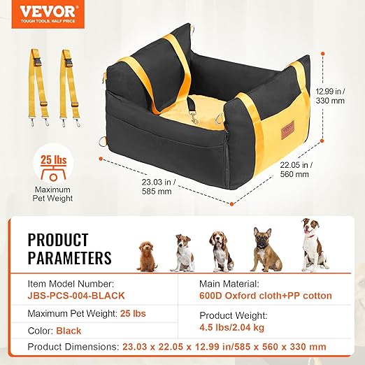 VEVOR Dog Car Seat, Waterproof Dog Booster Seat for Car with Side Handles and a Storage Pocket, Clip-On Safety Leash and PP Cotton Filling, Vehicle Bed for Small Dogs up to 25lbs, Black