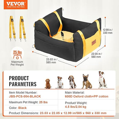 VEVOR Dog Car Seat, Waterproof Dog Booster Seat for Car with Side Handles and a Storage Pocket, Clip-On Safety Leash and PP Cotton Filling, Vehicle Bed for Small Dogs up to 25lbs, Black