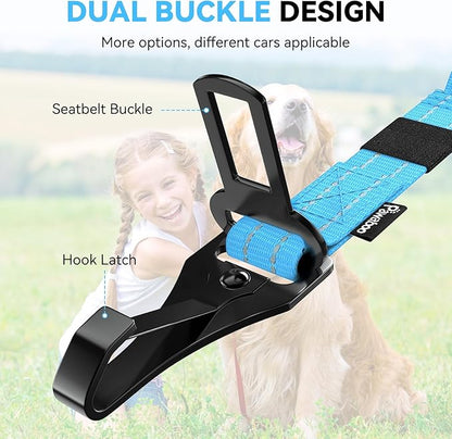 Pawaboo 2Pack 3-in-1 Dog Seatbelt for Car, Shockproof Bungee Dog Tether with 360° Lockable Buckle & Hook Latch, Adjustable Reflective Pet Safety Harness Leash for Vehicle, Black+Blue