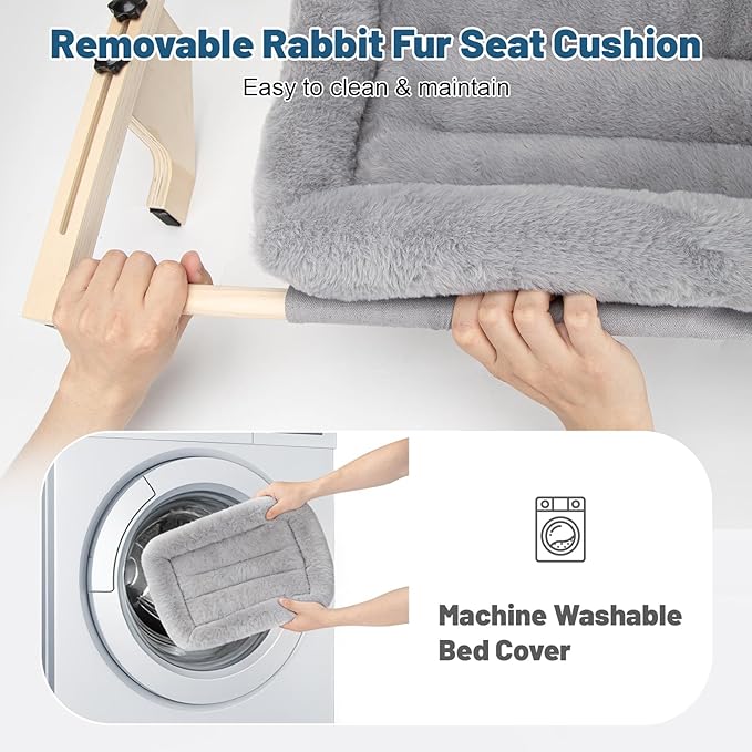Cat Sill Window Perch - 100% Natural Pine Frame, Soft Rabbit Fur Cushion, Tool-Free Adjustment, Supports 40 lbs (Medium-Grey)