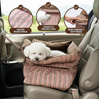 BurgeonNest Dog Car Seat for Small Dogs, Calm Blue Pet Car Bed Under 25 lbs, Soft Booster Fully Detachable and Washable Cat Carseats with Storage Pockets and Clip-On Leash Portable Travel Carrier