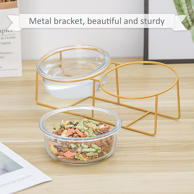 Elevated Dog Bowls for Small Dogs - 2 Glass Bowls with Gold Iron Stand - Raised Pet Dish Set for Food and Water - Comfortable Feeding