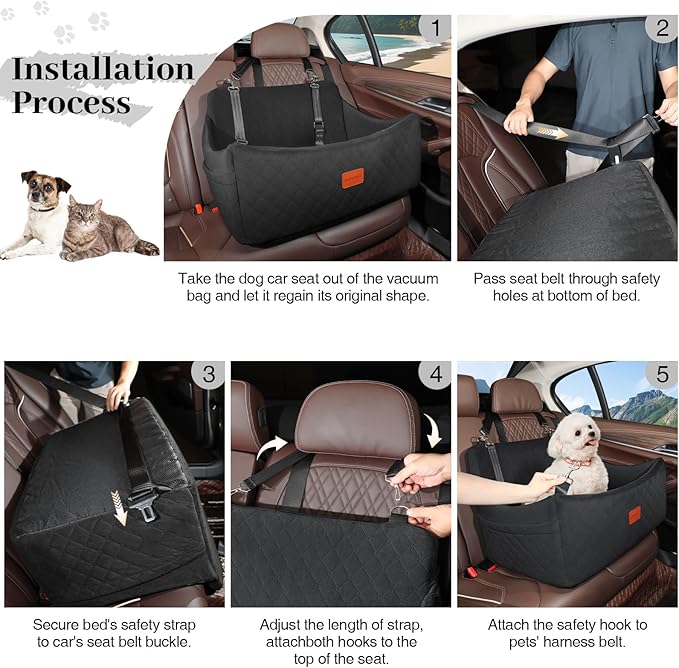 Wooaidagg Dog Car Seat for Medium & Large Dogs Up to 55lbs, Memory Foam Cushion, Washable Cover, Safety Straps & Non-Slip Bottom(Black,Large)