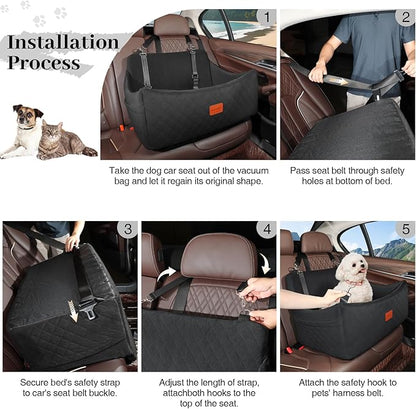 Wooaidagg Dog Car Seat for Medium & Large Dogs Up to 55lbs, Memory Foam Cushion, Washable Cover, Safety Straps & Non-Slip Bottom(Black,Large)
