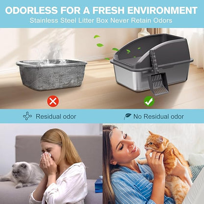 2PACK Stainless Steel Cat Litter Box,Large Litter Box with High Sides for Multiple Cats,Kittens,Metal Kitty Litter Boxes with Anti-Leak Lid,Non-Stick,Odorless,Easy to Clean,Scoop Included