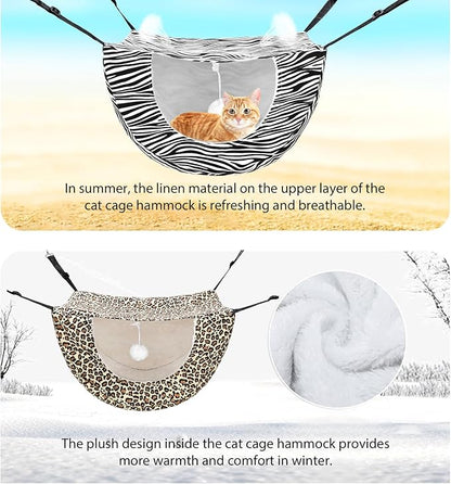 Unittype 2 Pieces Cat Cage Hammock Hanging Pet Bed Double Layer Soft Plush Hanging Pet Comfortable Hammock Bed for Indoor Kitten Ferret Hamster Rabbit or Small Animals, 2 Styles(Leopard)