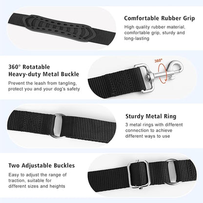 Hands Free Dog Leash, 8.5ft Adjustable Hands Free Leash for Medium Dogs, Versatile Handheld Crossbody Waist Lead with 3 Rings, Easy Adjust for Running Jogging Walking, Sponge Handle, Black