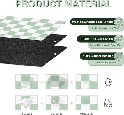 Checkered Dog Cat Feeding Mat, 17'' x 28'' Large Dog Food Mats, Absorbent Pet Feeding Mat for Food and Water Bowl, Dispenser, Checkerboard Pet Placemat with Rubber Backing, Green & White