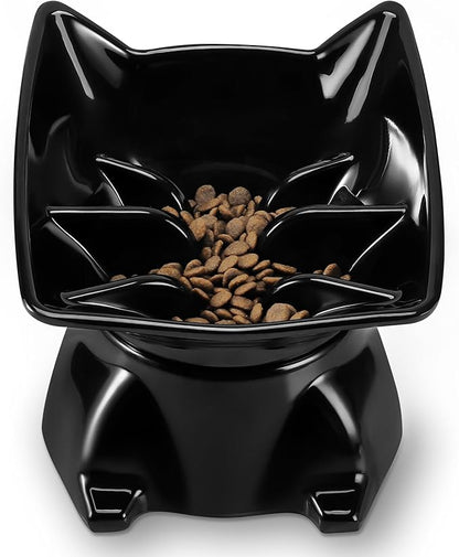 Small Elevated Slow Feeder Cat Bowl, Cute Tilted Elevated Bowls and Dishes for Cats & Small Dogs, Whisker Friendly, Anti Vomiting Raised Pet Bowl for Dry and Wet Food, Black