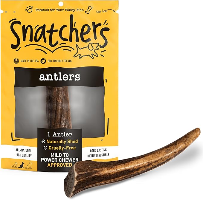 Snatchers Elk Antlers for Dogs – Long Lasting Dog Chews and Dog Toys for Aggressive Chewers, Naturally Shed Deer Antlers for Dogs Processed in The USA, No Additives (Medium, 5-7", 1 Count)