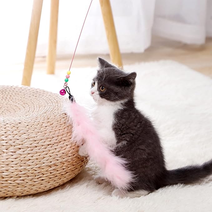 12pcs Cat Feather Toy Replacement for Wand Kitten Toys Interactive Training Bell Inside Playing Gift for Chasing Jumping Exercise Refill Feathers Toy (Pink+Rosepink)