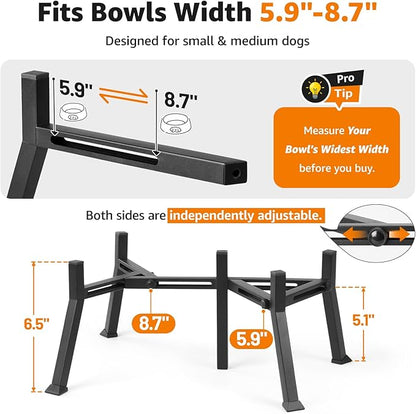 LOOBANI Double Dog Bowl Stand: 2-in-1 Elevated Food Water Bowl, Adjustable Width Fits Bowls 5.9"-8.7" (Stand Only), Anti-Slip Raised Bowl for Medium Adult, Senior, Arthritis Dogs, Black, Medium