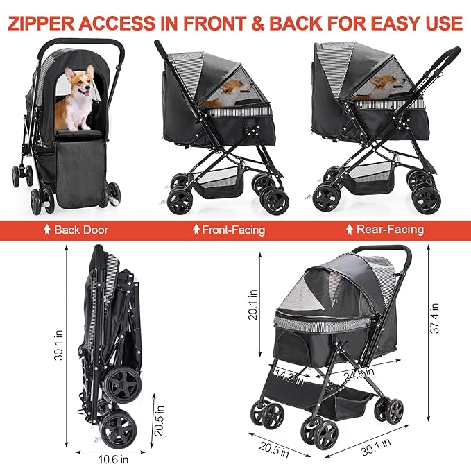 Lightweight Dog Stroller with Reversible Handle for Medium Small Dogs and Cats, Foldable Pet Stroller Travel Carriage with Large Storage Basket, 4 Wheels, Black