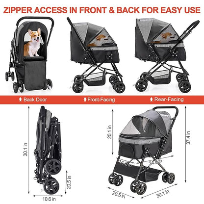 Lightweight Dog Stroller with Reversible Handle for Medium Small Dogs and Cats, Foldable Pet Stroller Travel Carriage with Large Storage Basket, 4 Wheels, Black