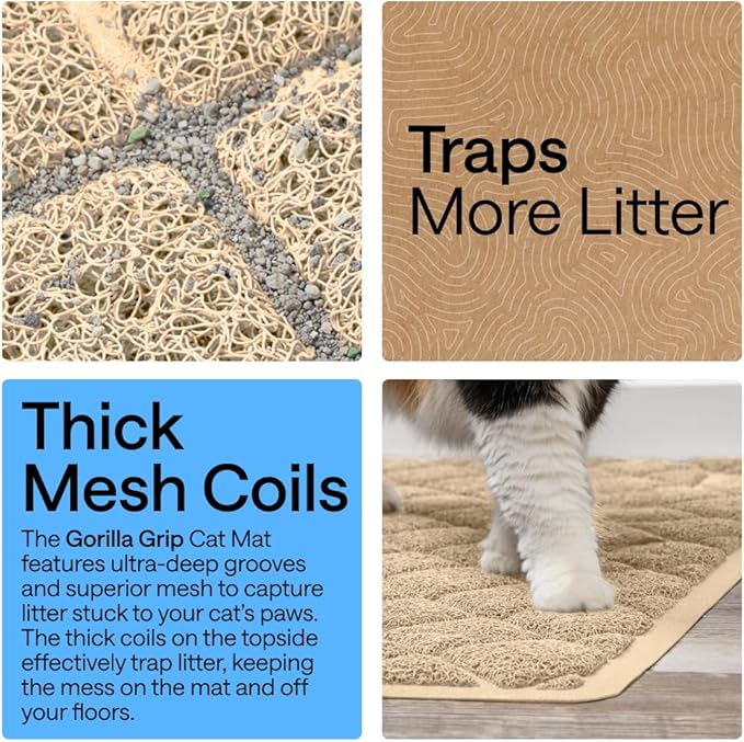 GORILLA GRIP Cat Litter Box Mat, 35x23 2 Pack, Cushioned Coil Mesh Litter Trapping Mats, Scatter Control Supplies for Less Mess, Phthalate Free, Ultra Deep Catch Grooves, Rinse or Vacuum Clean, Beige