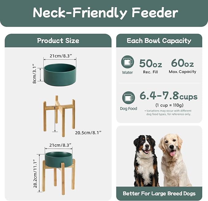 Ceramic Raised Dog Bowl Set, Elevated Dog Bowl with Stand, Food and Water Bowl for Large Breed Dogs, Weighted Pet Dishes(8.2'',60oz, Green)
