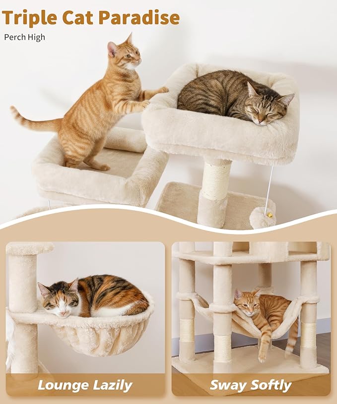 AMHANCIBLE Cat Tree, 70 Inch Cat Tower for Indoor Cats, Multi-Level Cat Tree with Scratching Post, Hammock, Hanging Basket, Large Cat Condos for Adult Cats Kittens, Beige, PT18BG