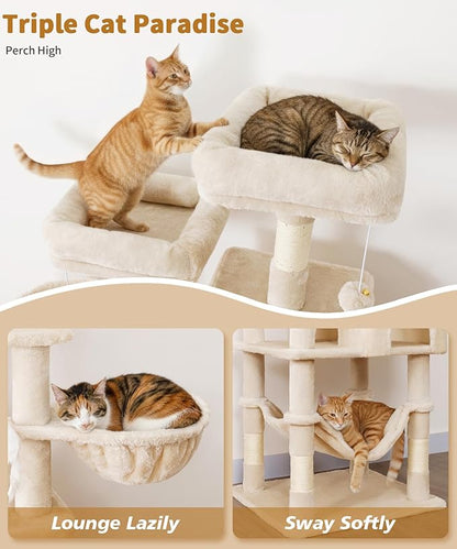 AMHANCIBLE Cat Tree, 70 Inch Cat Tower for Indoor Cats, Multi-Level Cat Tree with Scratching Post, Hammock, Hanging Basket, Large Cat Condos for Adult Cats Kittens, Beige, PT18BG