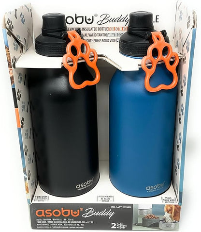 Asobu Dog Buddy Bottle - Stainless Steel Insulated Water Bottle for Humans with Removable Dog Bowl and Food & Treat Storage - 34 Oz, 2 Pack (Blue/Black)