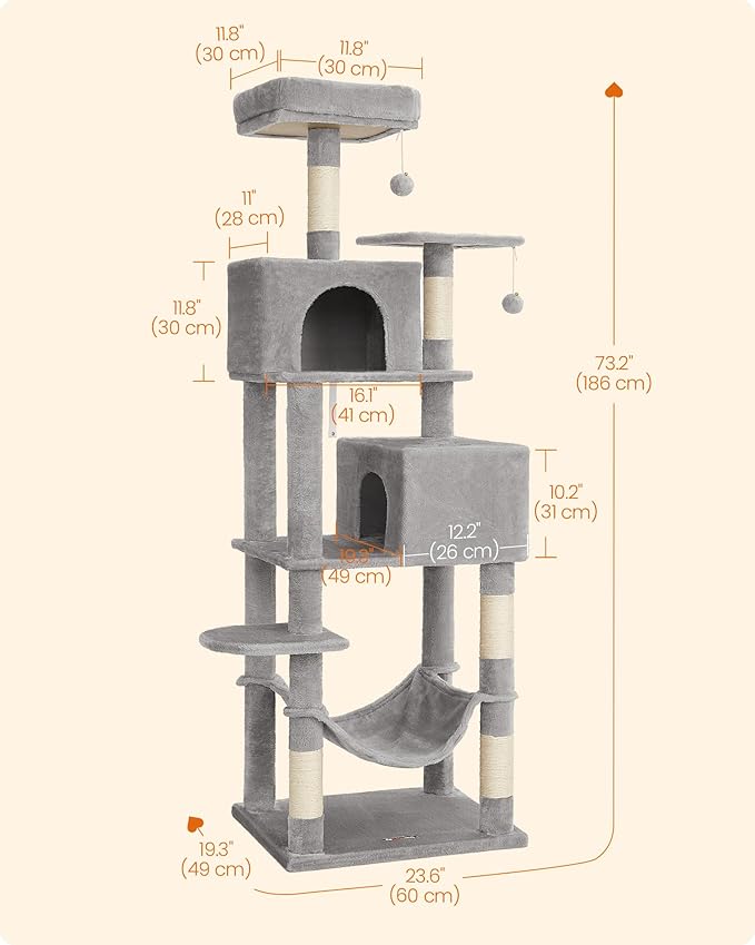 Feandrea Cat Tree, 73.2-Inch Tall Cat Tower, Plush Multi-Level Condo with 5 Scratching Posts, 2 Perches, 2 Caves, Hammock, 2 Pompoms, Light Gray UPCT191W01