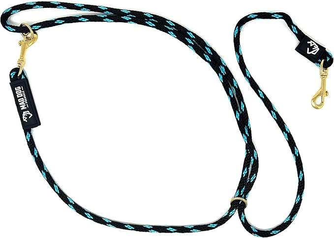 Mad Dog Products Hands Free Clip Dog Leash 3/8” x 10’Black/Sky Blue Signature Rope – Made in USA