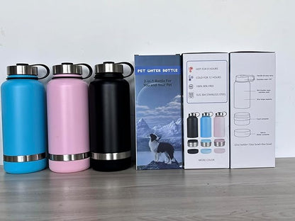 Stainless Steel Dog Water Bottle 32oz with Built-in Bowl, Leak-Proof Travel Pet Water Dispenser, Carry Loop for Walking, Hiking, Outdoor Use (Pink)