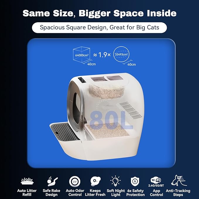 Self-Cleaning Litter Box 80L Auto Refill Self-Refilling Robot Automatic for Multiple Cats(3-20lb), Rake Design ScoopFree, 6 x Safety Sensors, Anti-Leakage, Odor Control, 5G WiFi App