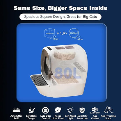 Self-Cleaning Litter Box 80L Auto Refill Self-Refilling Robot Automatic for Multiple Cats(3-20lb), Rake Design ScoopFree, 6 x Safety Sensors, Anti-Leakage, Odor Control, 5G WiFi App