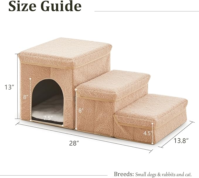 Dog Stairs for Small Dogs with Storage and Condo,Foldable Pet Stairs for Small Medium or Puppy Dogs and Older Cats, Dog Steps for Bed or Couch(Beige,13" H)