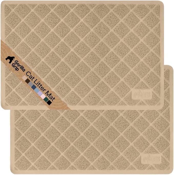 GORILLA GRIP Cat Litter Box Mat, Cushioned Coil Mesh Litter Trapping Mats, Scatter Control Supplies for Less Mess, Phthalate Free, Ultra Deep Catch Grooves, Rinse or Vacuum to Clean 24x17 Beige 2 Pack