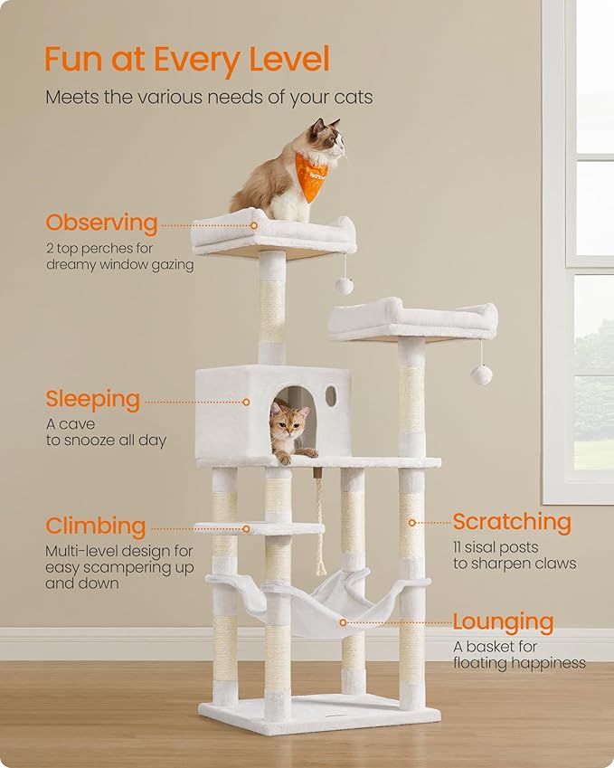 Feandrea Cat Tree, 56.3-Inch Cat Tower, Multi-Level Plush Condo with 11 Scratching Posts, 2 Perches, Hammock, Cave, Cream White UPCT015W02