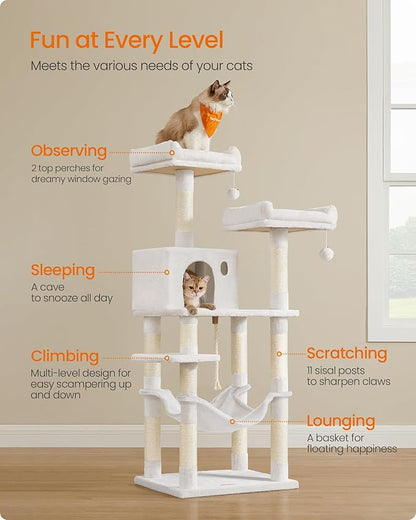 Feandrea Cat Tree, 56.3-Inch Cat Tower, Multi-Level Plush Condo with 11 Scratching Posts, 2 Perches, Hammock, Cave, Cream White UPCT015W02