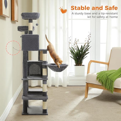 70.8" Tall Cat Tree for Large Cats, Multi-Level Cat Tower with 8 Sisal Scratching Posts, 2 Top Perches, Big Condo, Large Hammock, and Cat Furniture for Indoor Cats, Dark Gray