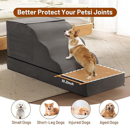 Large Dog Stairs – Extra Large Dog Steps for Bed, Couch & Car, 6-Step Pet Steps for Puppies & Senior Dogs, Pet Stairs with Washable Cover, Side Pockets, Non-Slip Bottom, 43.3" L x 19.7" W Grey