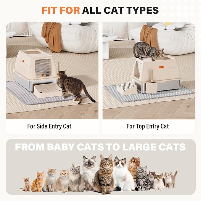 Removable Stainless Steel Cat Litter Box with lid, Front & Top Entry Kitty LitterBox，Cat Litter Box Enclosure, XL Extra Large High-Sided Metal Cat Box with Scoop,Mat,Footboard (Cream)