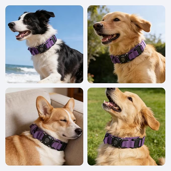 Xqpetlihai Upgraded AirTag Dog Collar Waterproof Tactical Dog Collar with AirTag Holder Heavy Duty Dog Collars for Large Dogs (DeepPurple，XL