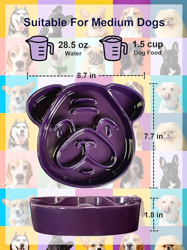 Art Ceramic Slow Feeder Pug Shape, 1.5 Cups Dog Bowl for Small & Medium Breed. Bite-Resistant, Dishwasher Safe, Maze Design to Prevent Fast Eating, Bloat, Choking. Gift for Pet Lovers, Purple