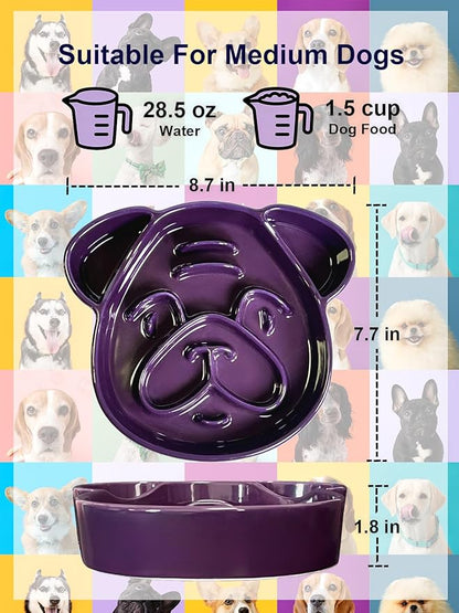 Art Ceramic Slow Feeder Pug Shape, 1.5 Cups Dog Bowl for Small & Medium Breed. Bite-Resistant, Dishwasher Safe, Maze Design to Prevent Fast Eating, Bloat, Choking. Gift for Pet Lovers, Purple