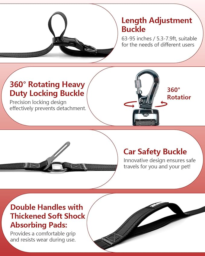 Hands Free Dog Leash, Crossbody Dog Leash, 5.3-7.8Ft Waist Belt with Car Seatbelt and Double-Sided Reflective,Walking, Jogging,Hiking, Travel etc.(Black)